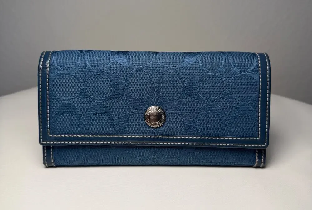 Coach Vintage Signature Blue Jacquard Canvas Trifold Slim Envelope Wallet NWOT 7